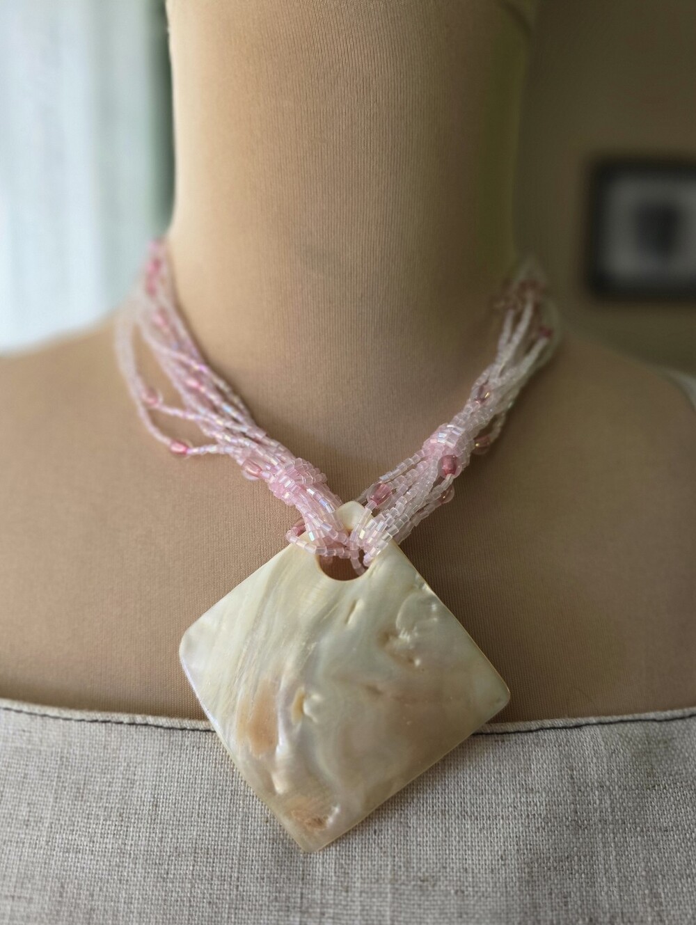 Vintage Pink Multi Strand Beaded Necklace Abalone Shell Statement Pendant 22in